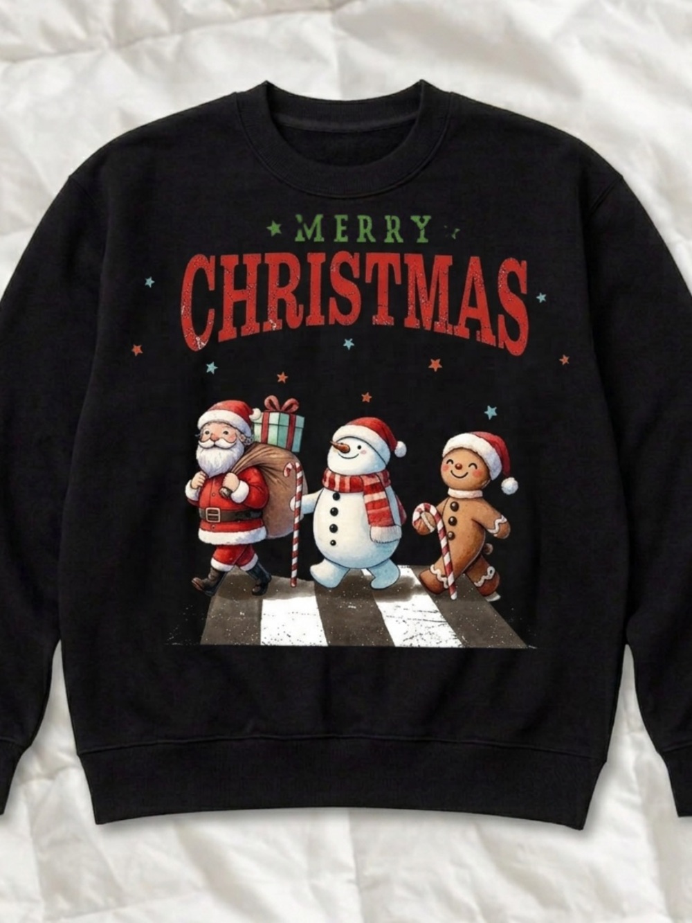 Men's Black "Merry Christmas" Holiday Sweatshirt, Cute Santa Snowman Characters